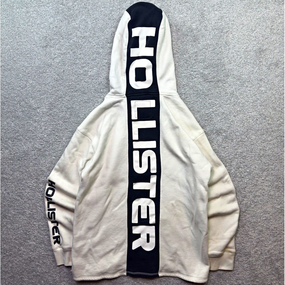 Hollister Hoodie Mens Medium White Navy Big Back Logo Pullover Fleece Sweatshirt